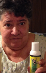 Woman holding bottle of IPF-Pain Relief Lotion says "'It stops the hurting'"
